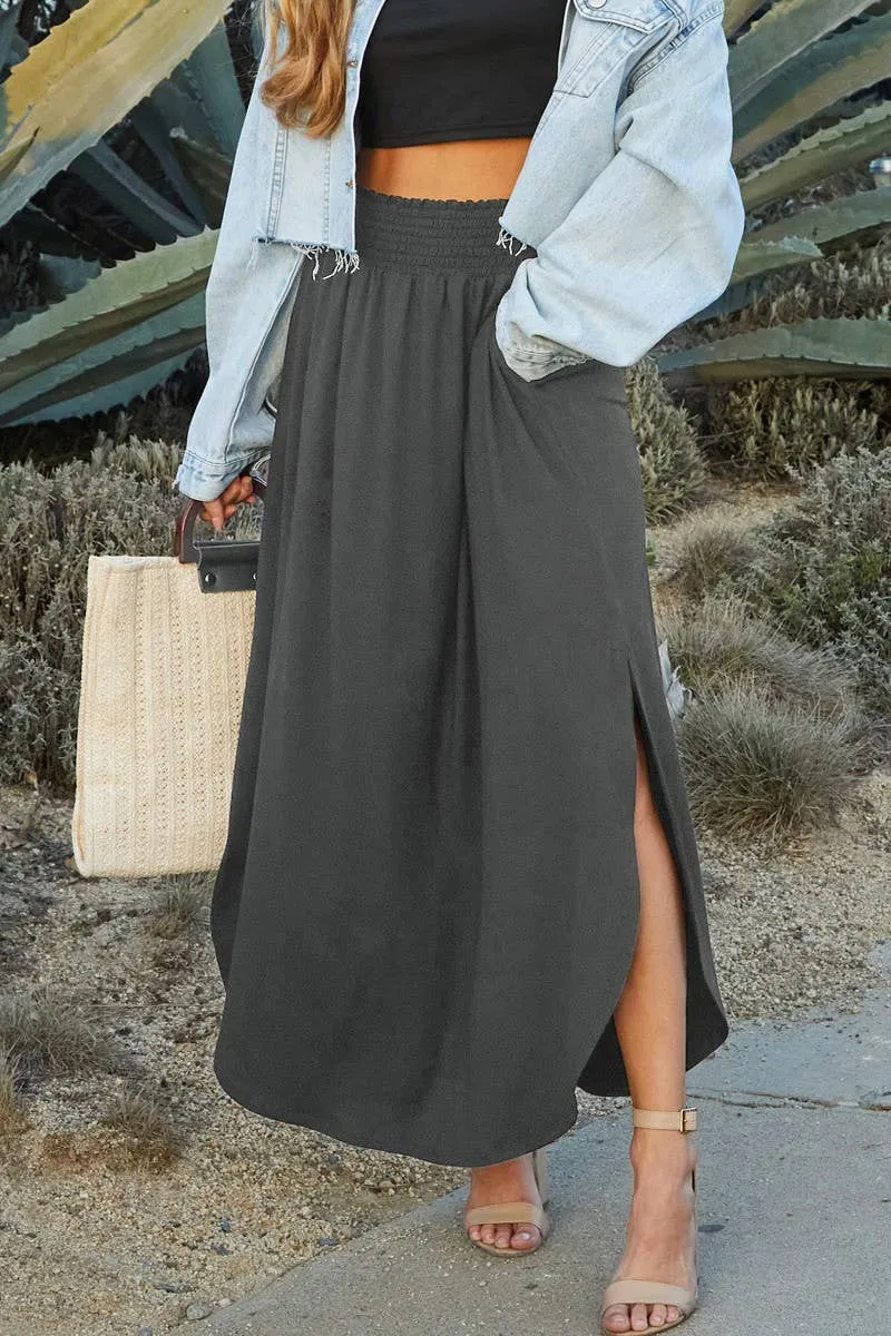 CWBLS041_SMOCKING WAIST MAXI SKIRT WITH SIDE POCKET: Black / (S) 1