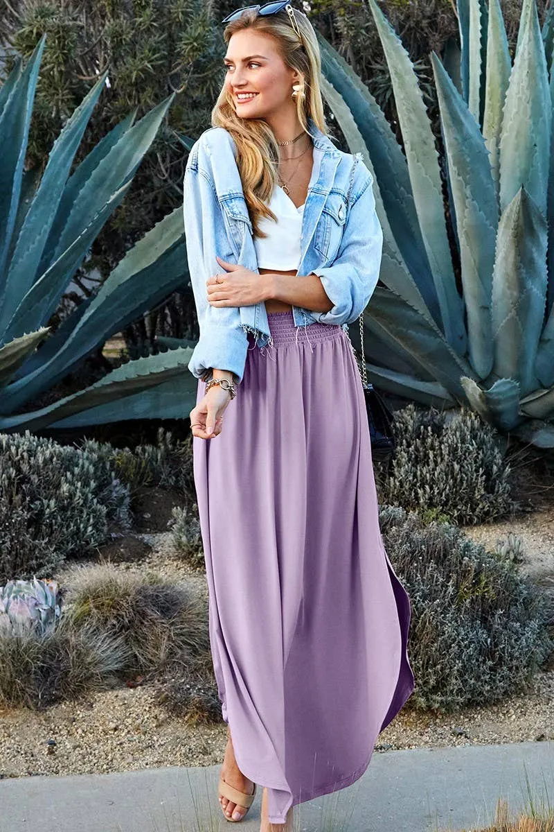 CWBLS041_SMOCKING WAIST MAXI SKIRT WITH SIDE POCKET: CRANBERRY / (L) 1