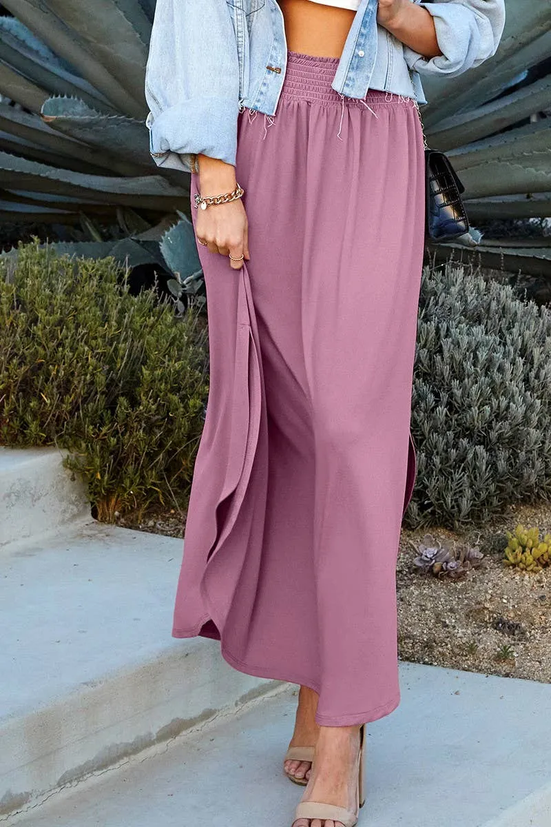CWBLS041_SMOCKING WAIST MAXI SKIRT WITH SIDE POCKET: CRANBERRY / (L) 1