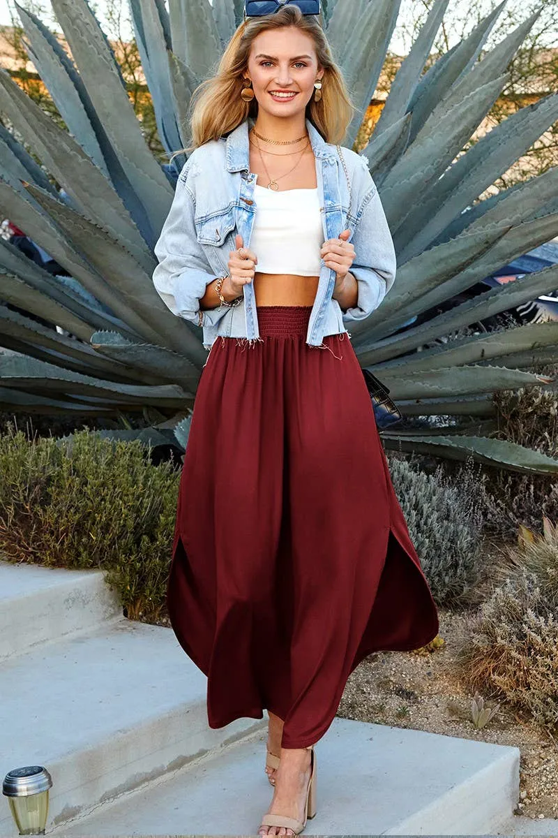 CWBLS041_SMOCKING WAIST MAXI SKIRT WITH SIDE POCKET: CRANBERRY / (L) 1