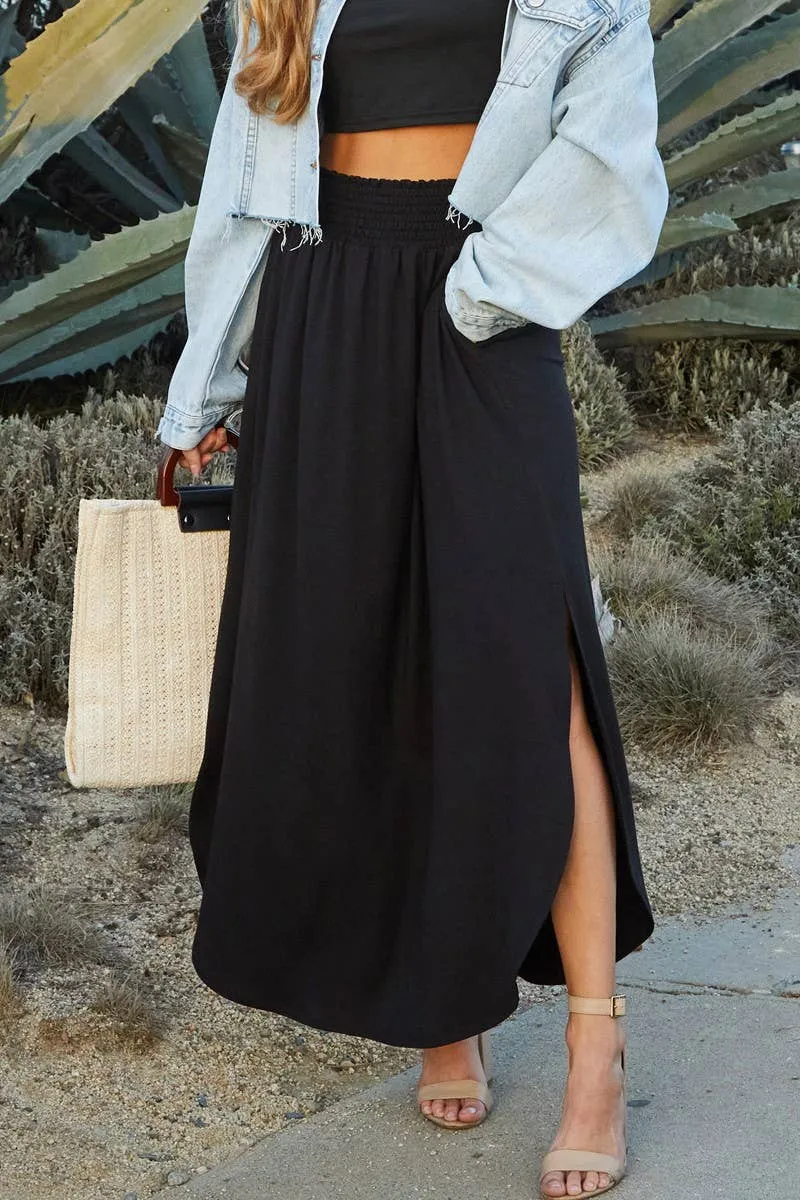 CWBLS041_SMOCKING WAIST MAXI SKIRT WITH SIDE POCKET: CRANBERRY / (L) 1