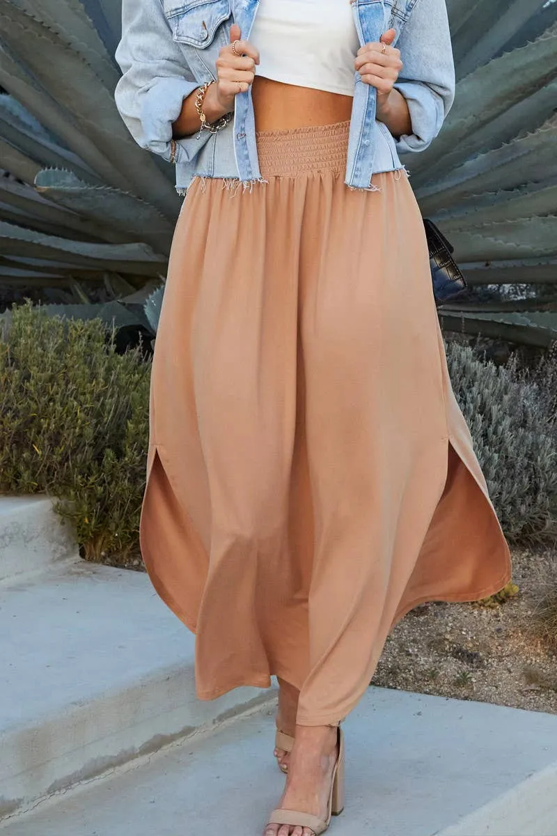 CWBLS041_SMOCKING WAIST MAXI SKIRT WITH SIDE POCKET: CRANBERRY / (L) 1