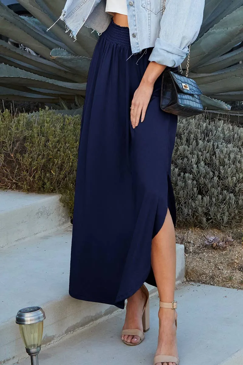 CWBLS041_SMOCKING WAIST MAXI SKIRT WITH SIDE POCKET: CRANBERRY / (L) 1