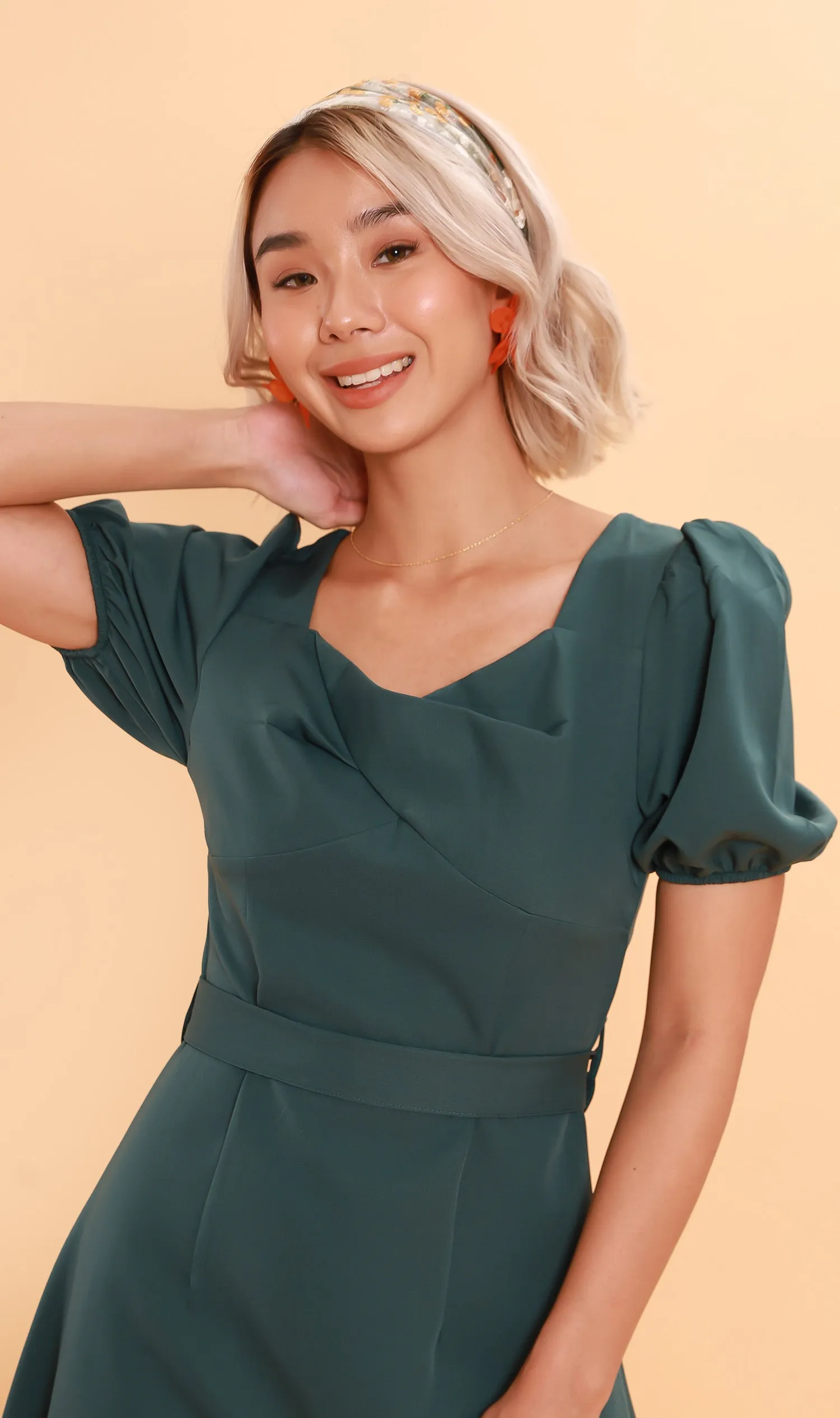 DAPH Puff-Sleeve Midi Dress (Emerald)