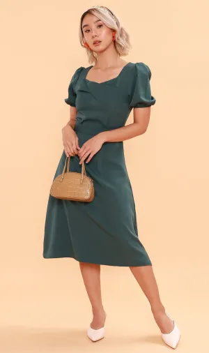 DAPH Puff-Sleeve Midi Dress (Emerald)