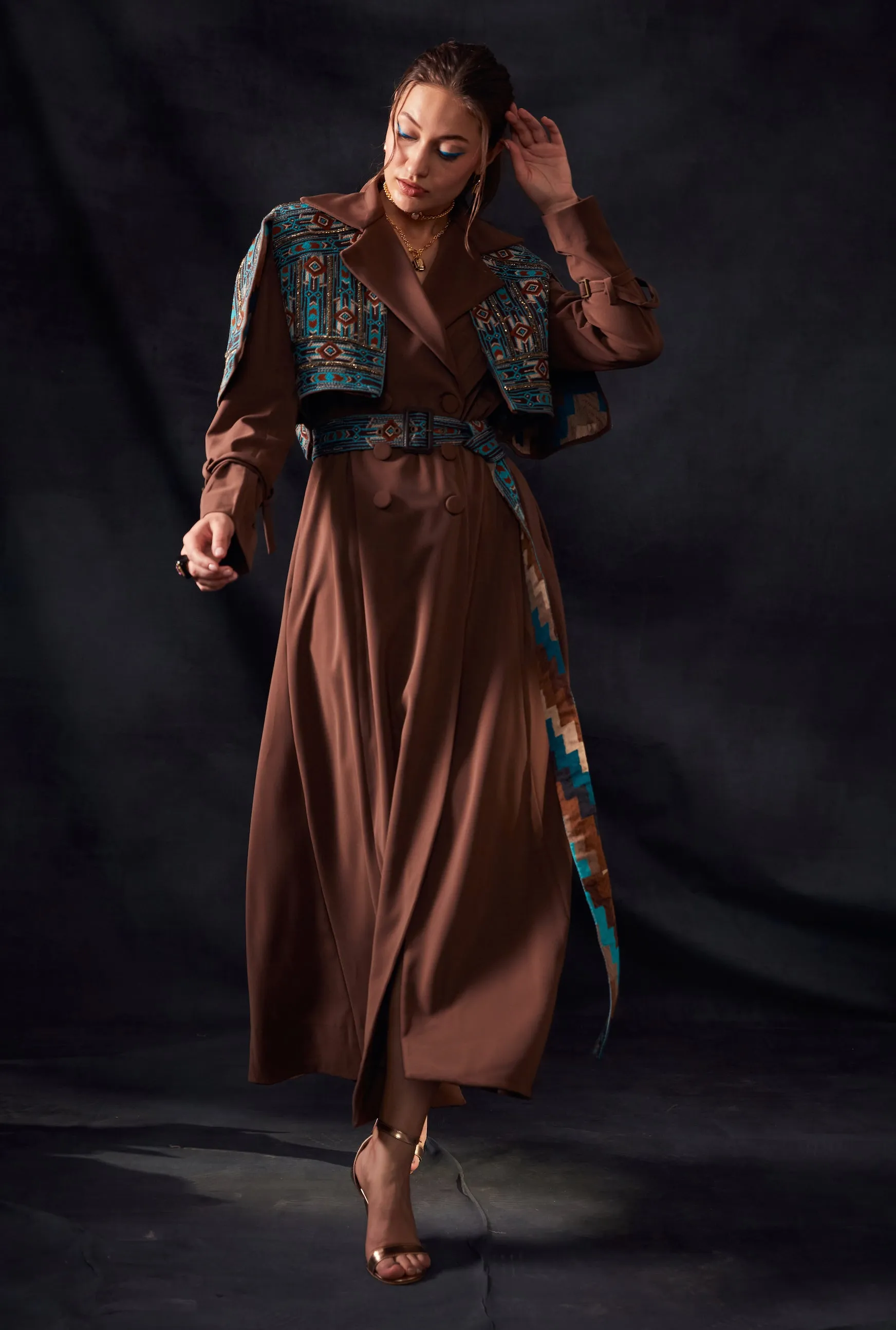 Dark Tan Trench Coat With Embroidered Belt