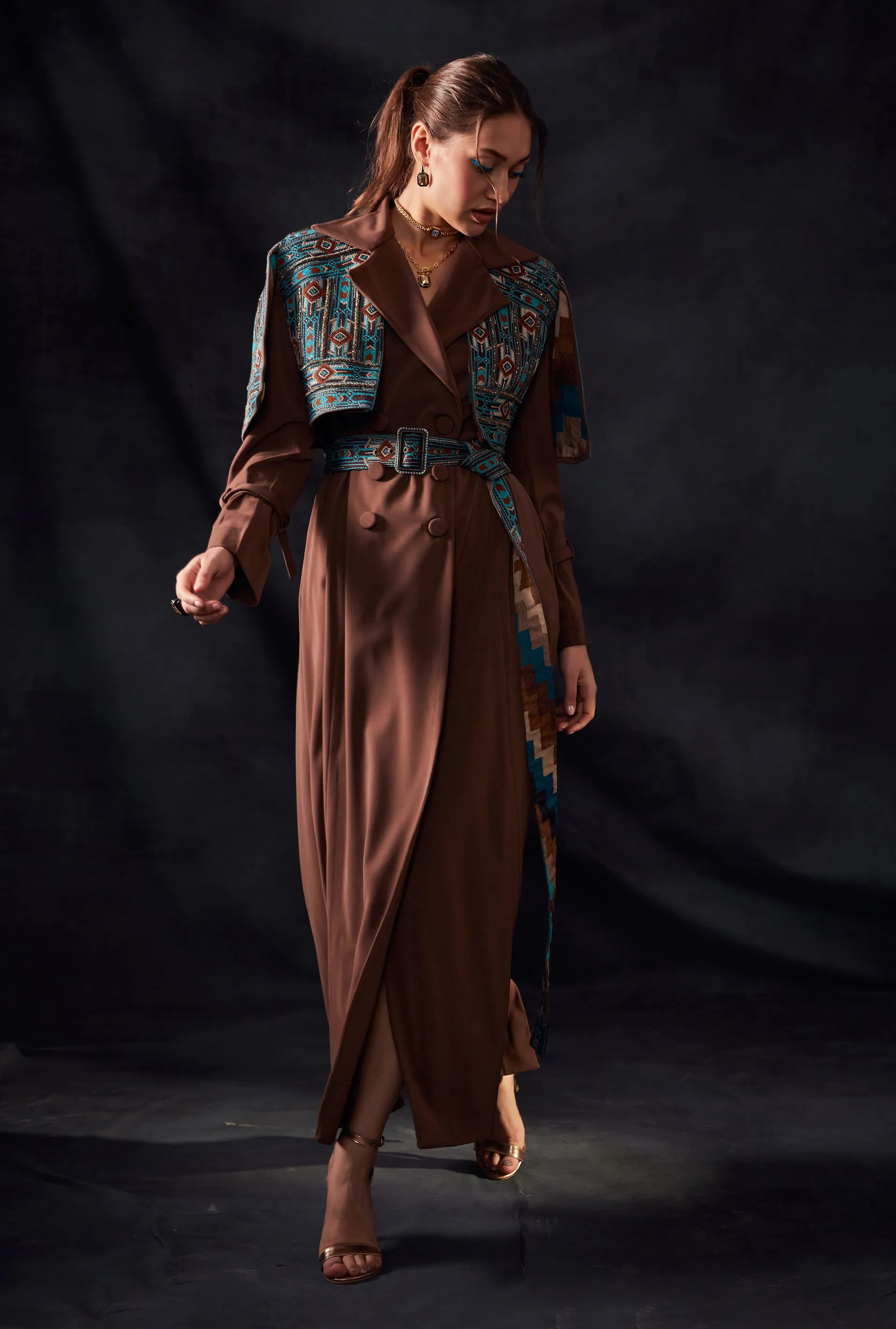 Dark Tan Trench Coat With Embroidered Belt