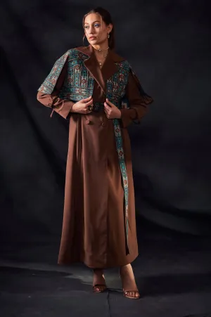 Dark Tan Trench Coat With Embroidered Belt