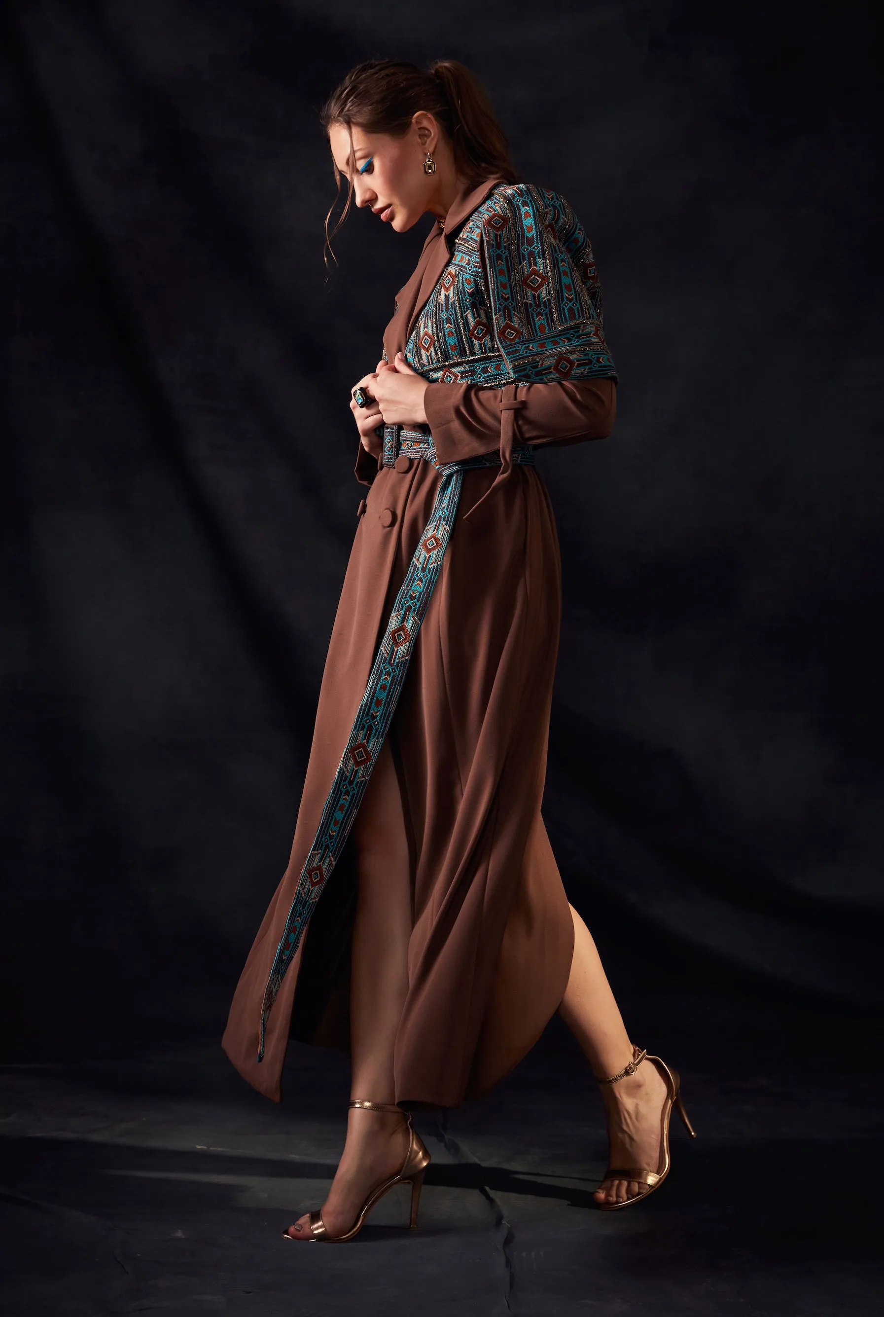 Dark Tan Trench Coat With Embroidered Belt