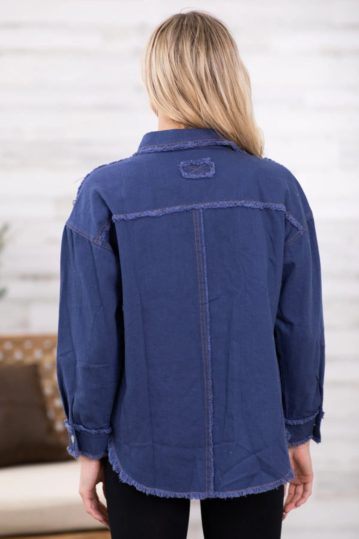 Dark Wash Fray Hem Drop Shoulder Denim Jacket