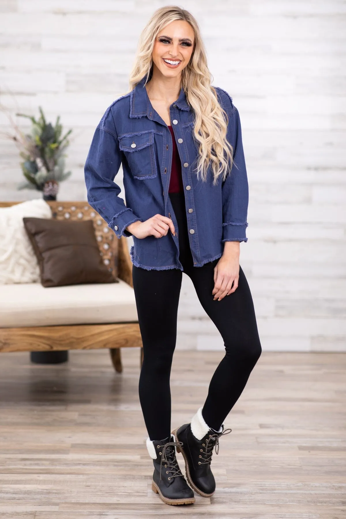 Dark Wash Fray Hem Drop Shoulder Denim Jacket