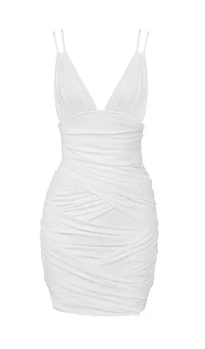 Deep V Ruched Mesh Mini Dress