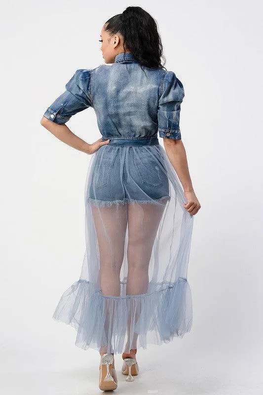 DENIM HALF JACKET WITH TULLE DETAIL