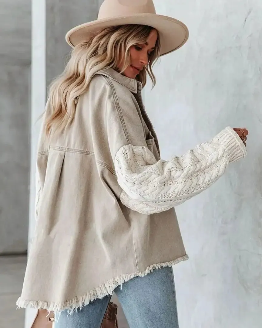 DENIM JACKET WITH KNIT SLEEVE