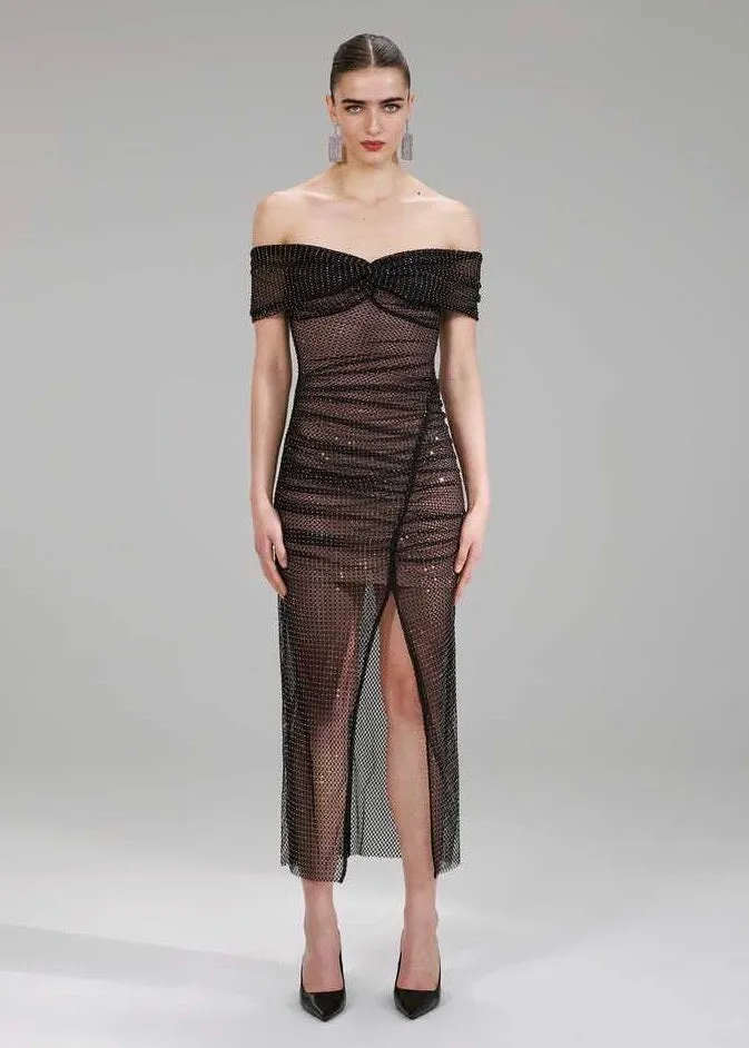 Diamante Fishnet Off Shoulder Midi Dress (Black)