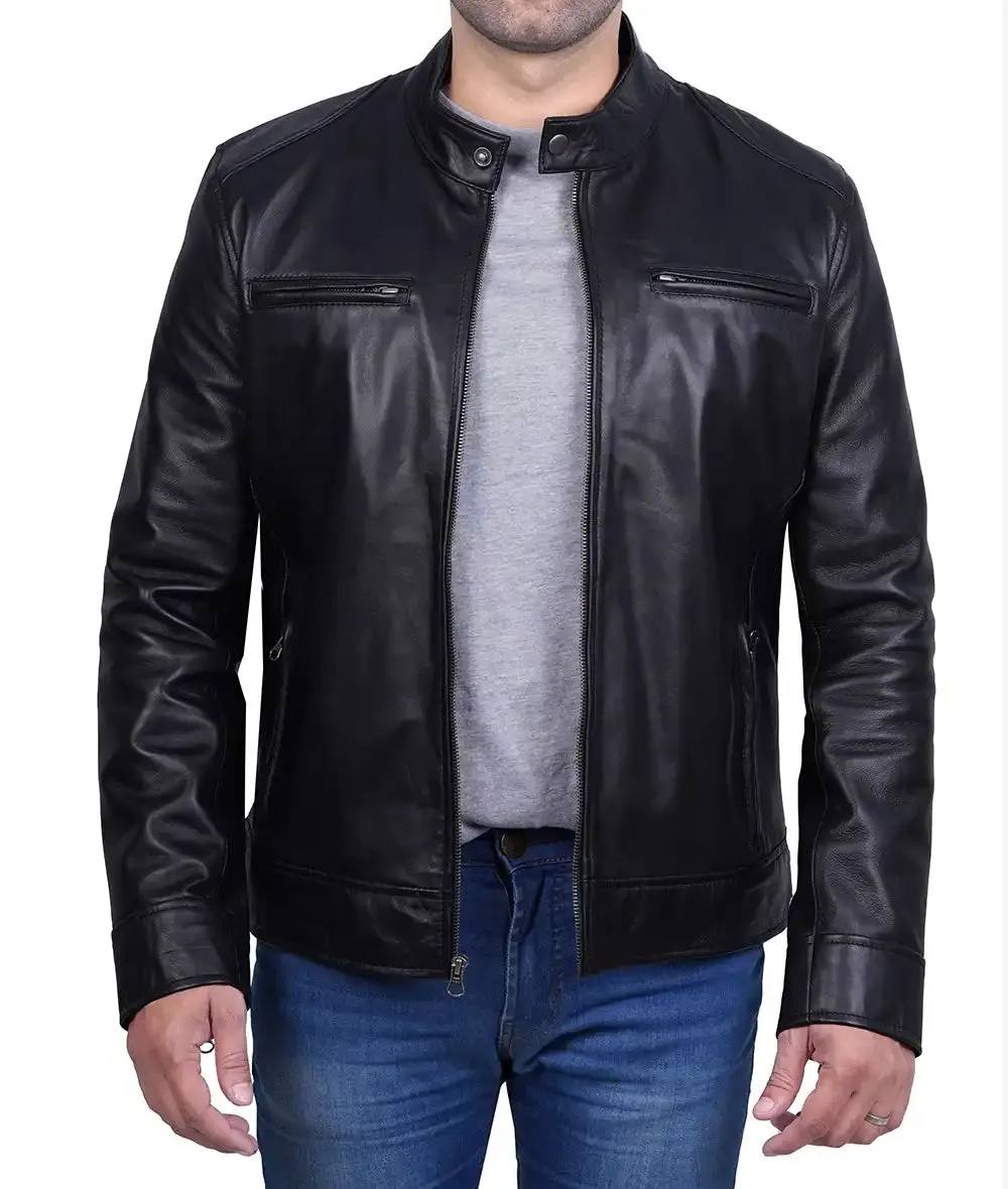 Dodge Men's Black Café Racer Leather Jacket