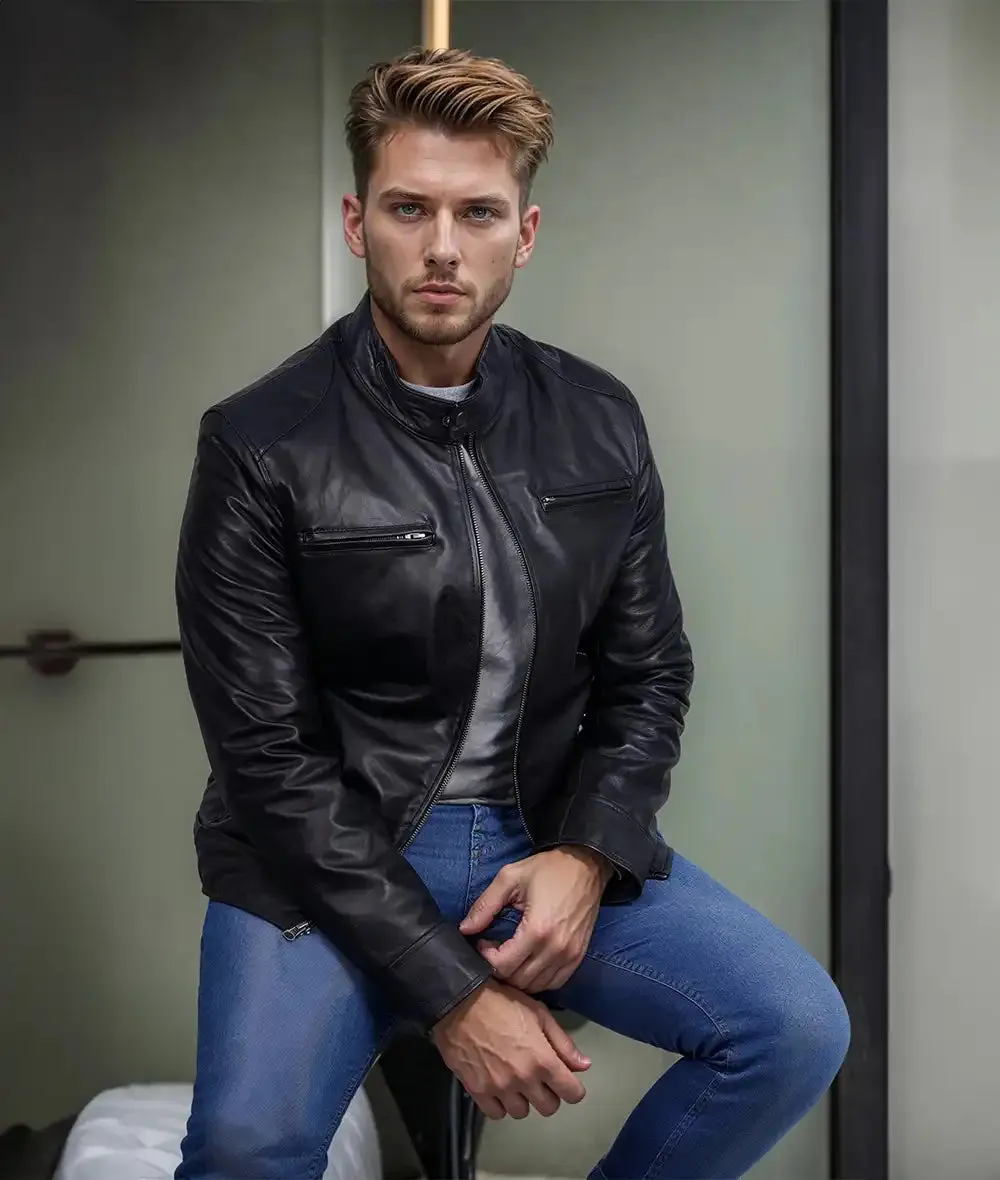 Dodge Men's Black Café Racer Leather Jacket