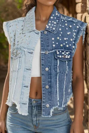 Doran Pearl Raw Hem Sleeveless Denim Jacket