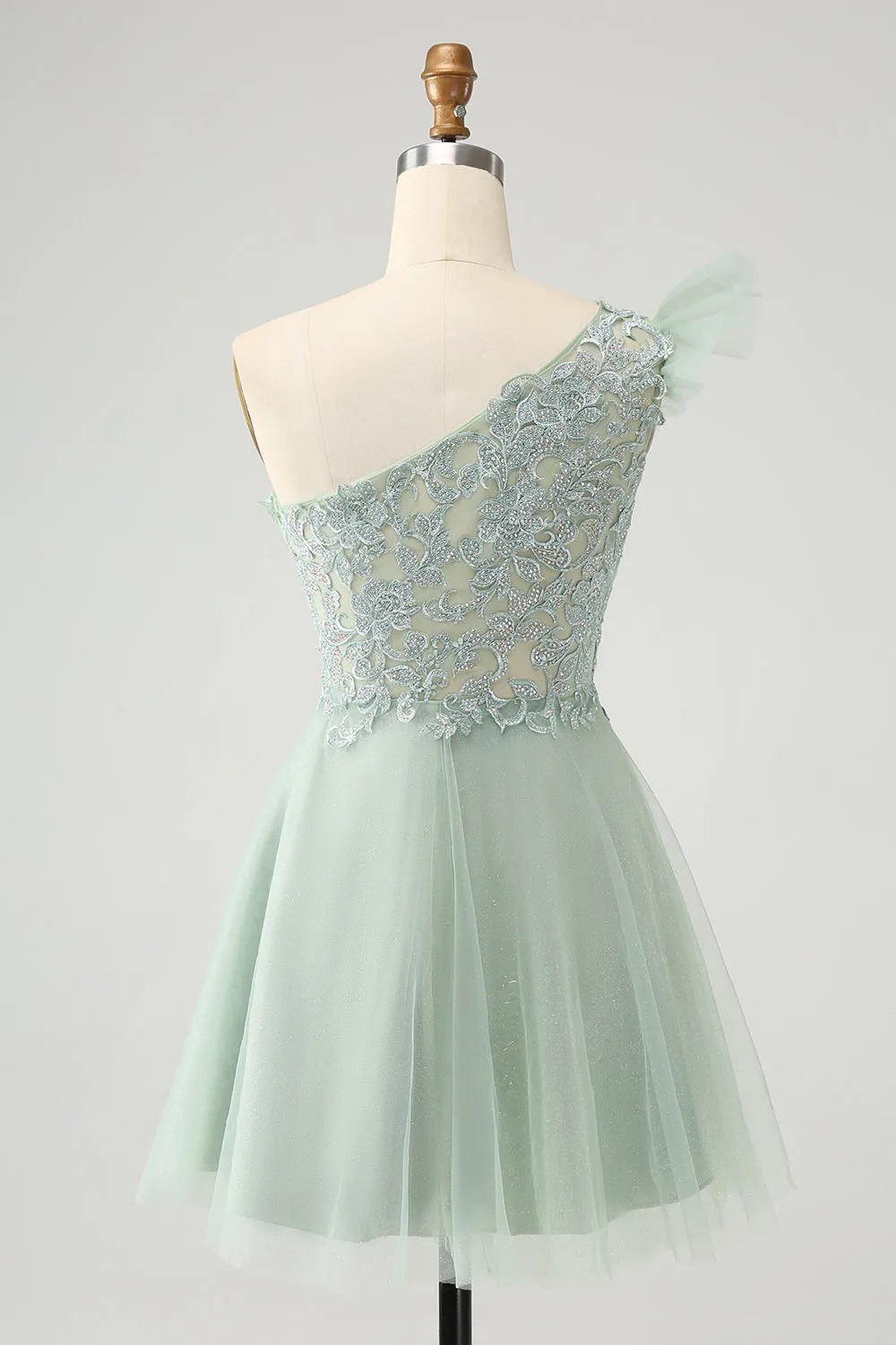 Dusty Sage A Line One Shoulder Short Homecoming Dress with Beading