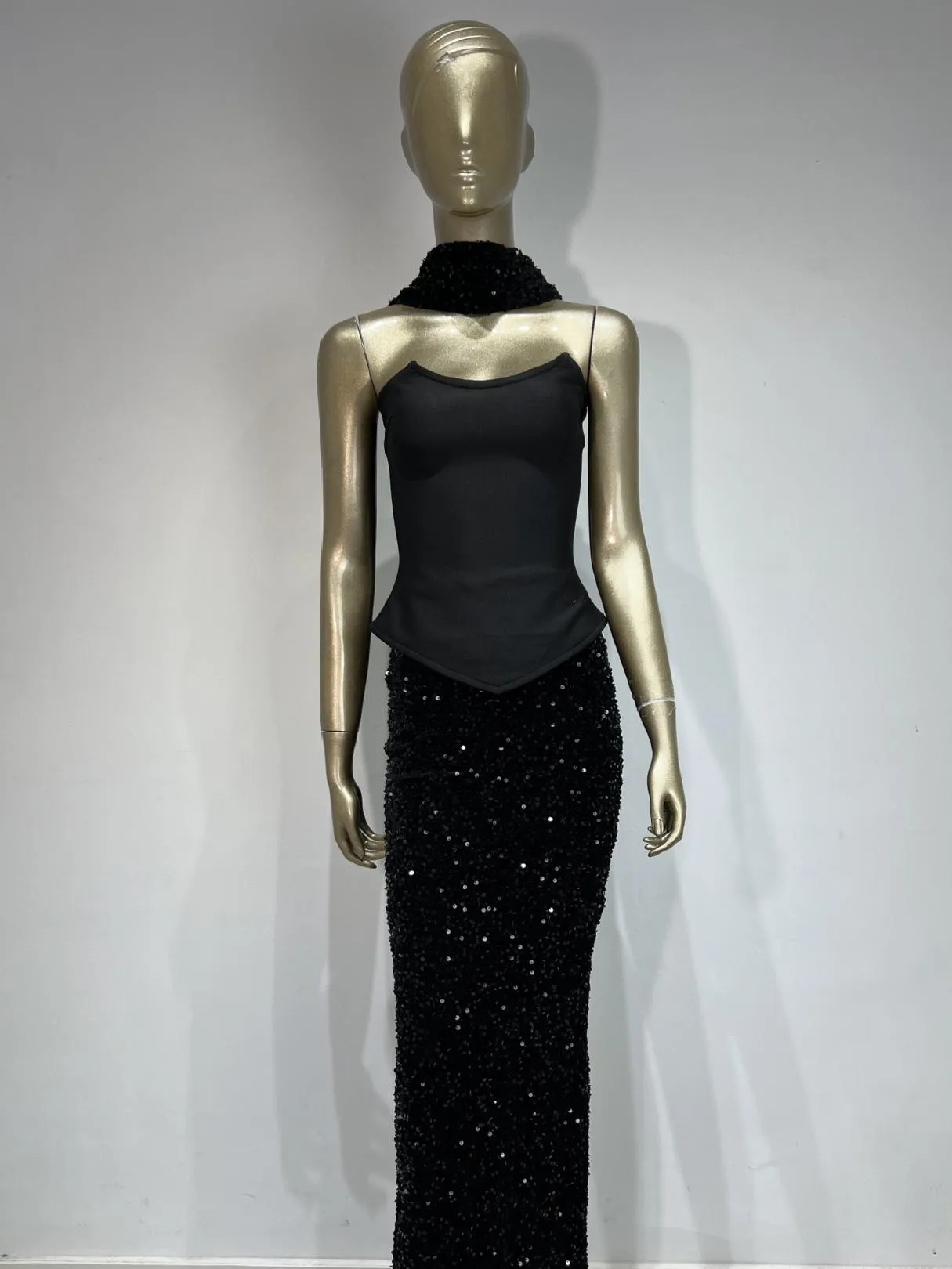 Elegant Bandage Neck Skirt Half-Length Sequin Skirt Set