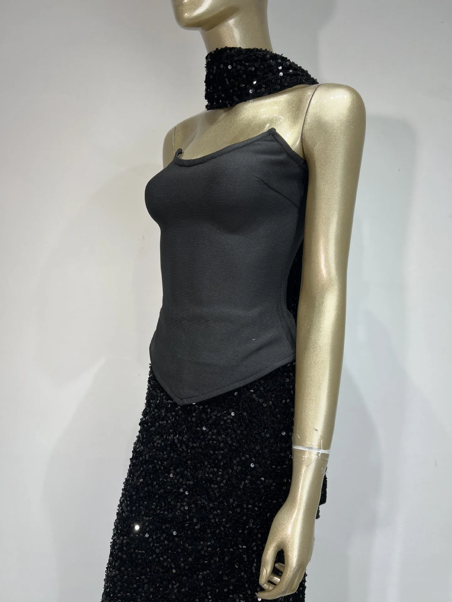Elegant Bandage Neck Skirt Half-Length Sequin Skirt Set