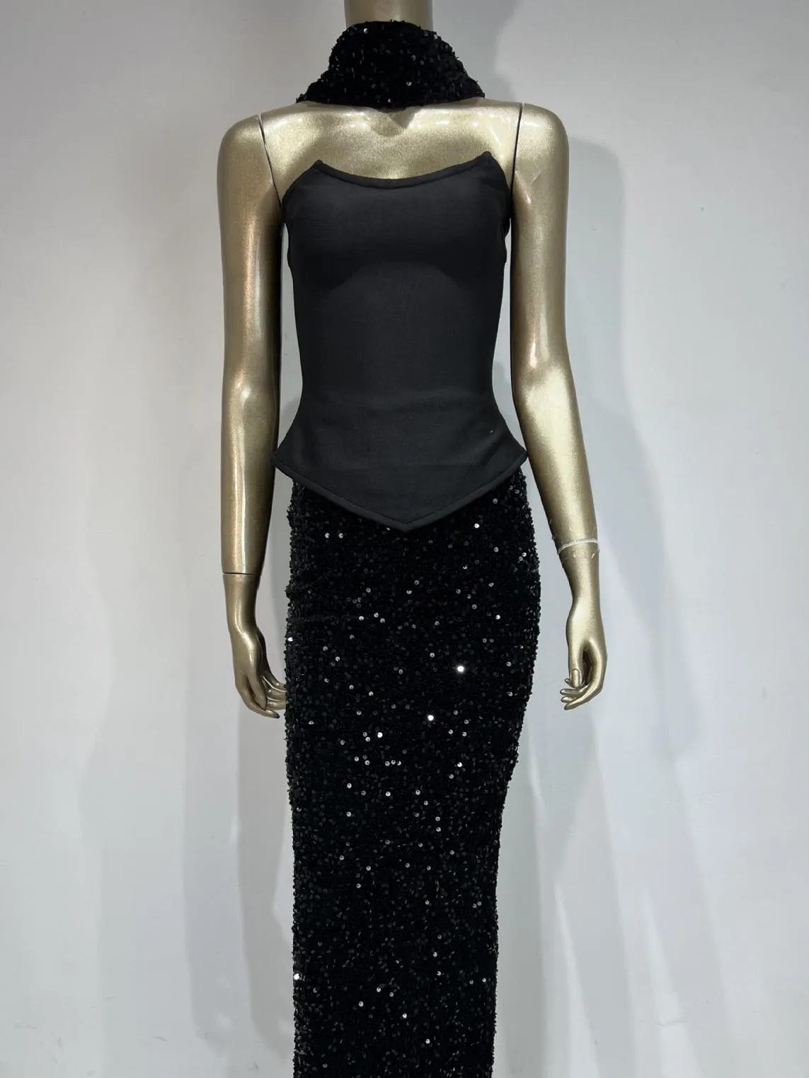 Elegant Bandage Neck Skirt Half-Length Sequin Skirt Set