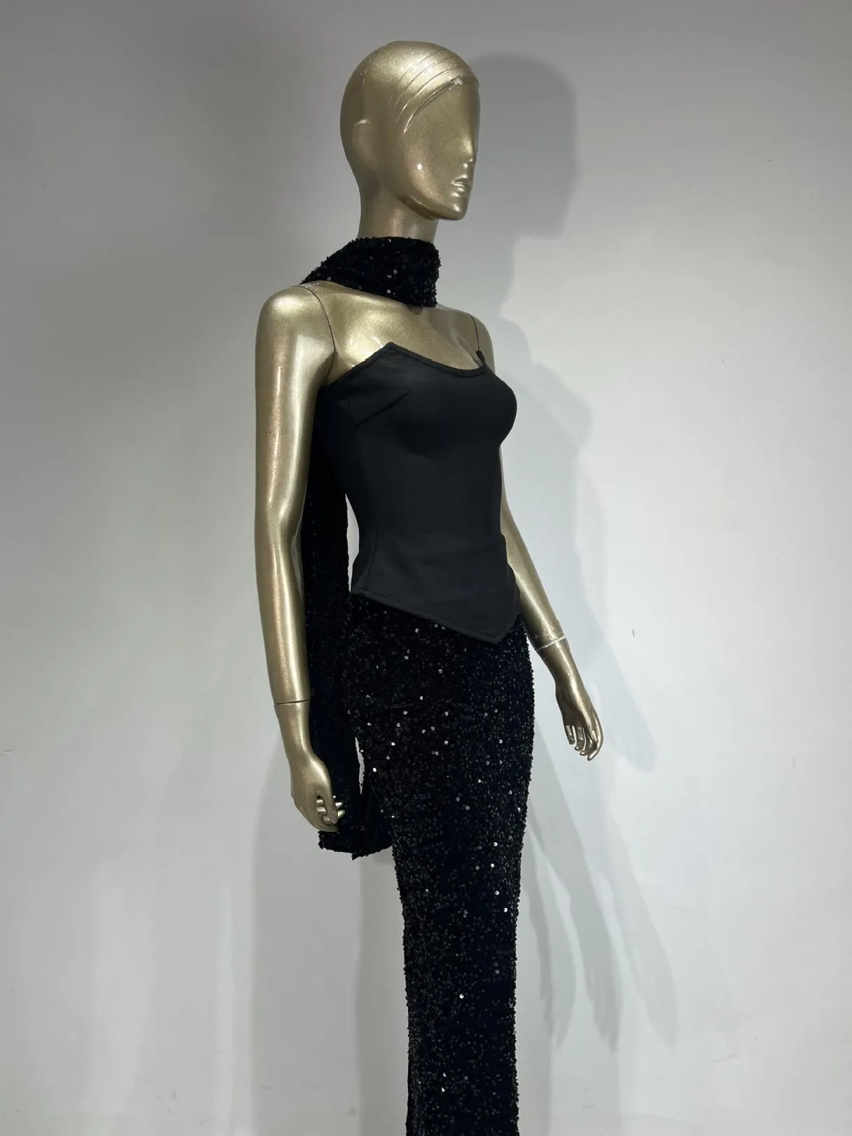 Elegant Bandage Neck Skirt Half-Length Sequin Skirt Set