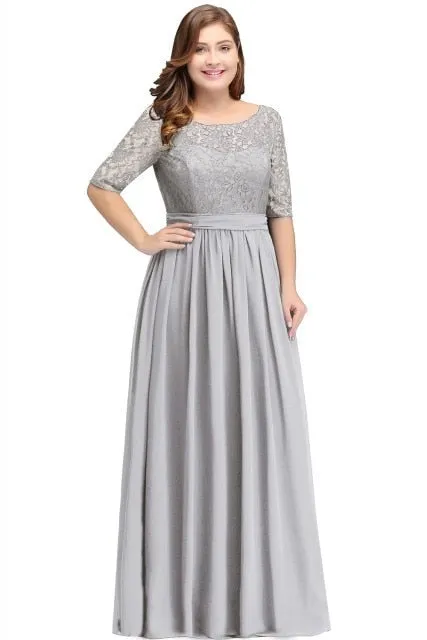Elegant Half Sleeve Plus Size Lace Prom Dresses Sexy Royal Blue V Back Evening Gowns Robe de Soiree Longue