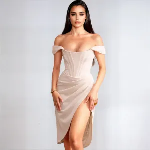 Elegant Off-Shoulder Silk Satin Midi Dress with High Slit and Drape Corset - White