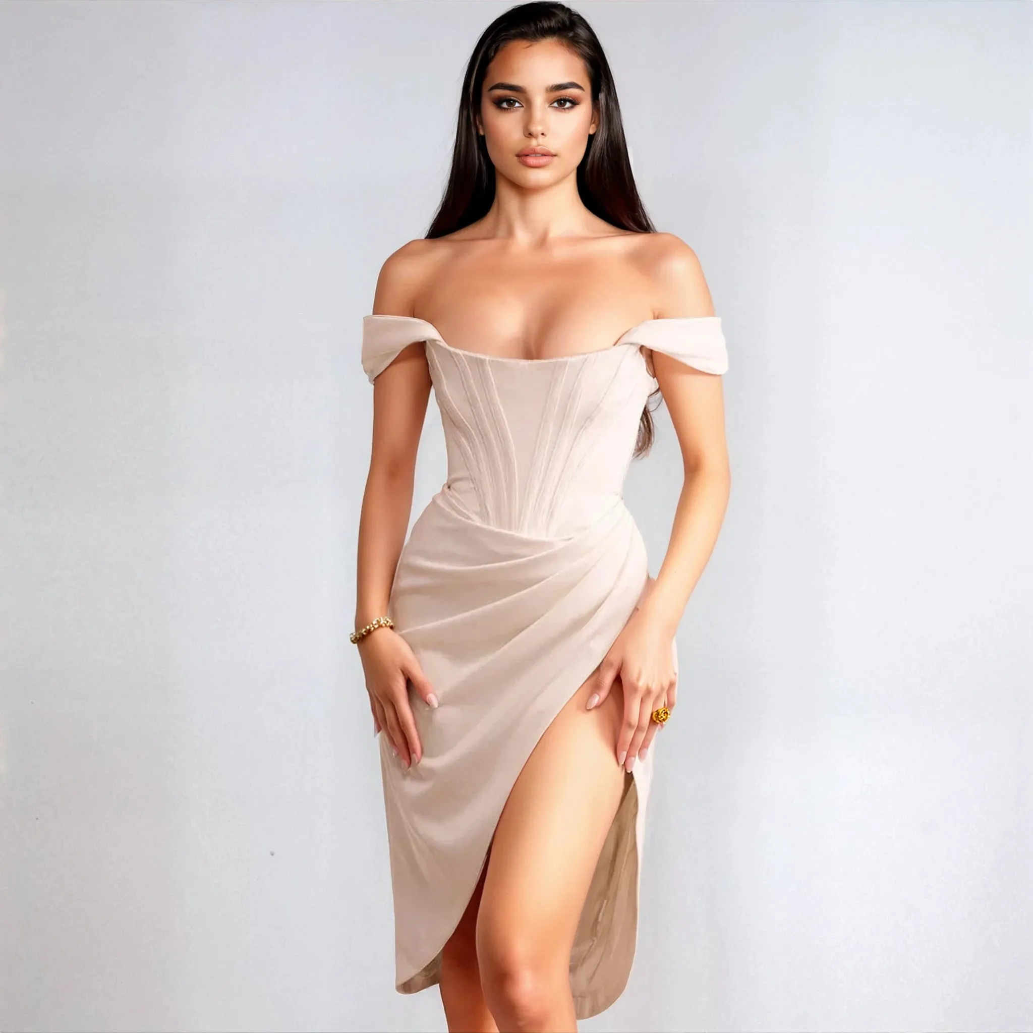 Elegant Off-Shoulder Silk Satin Midi Dress with High Slit and Drape Corset - White