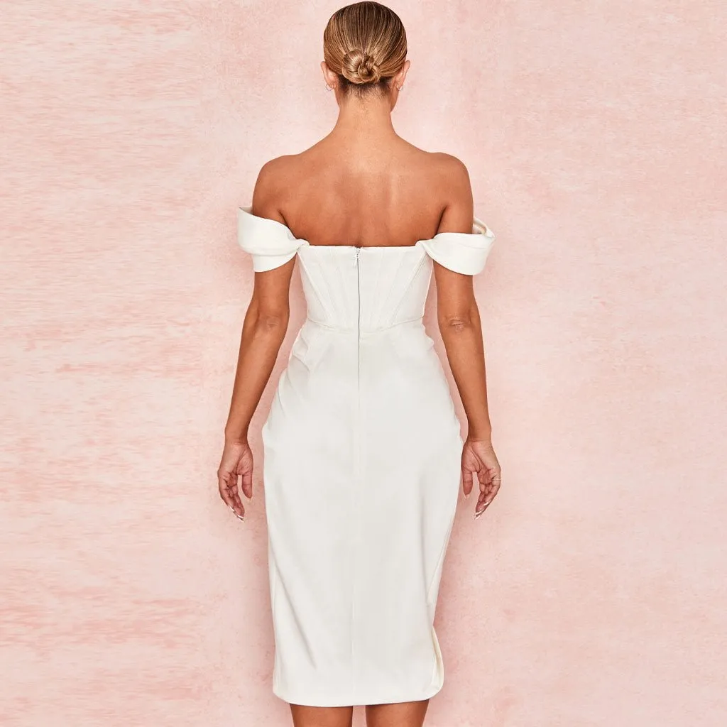 Elegant Off-Shoulder Silk Satin Midi Dress with High Slit and Drape Corset - White