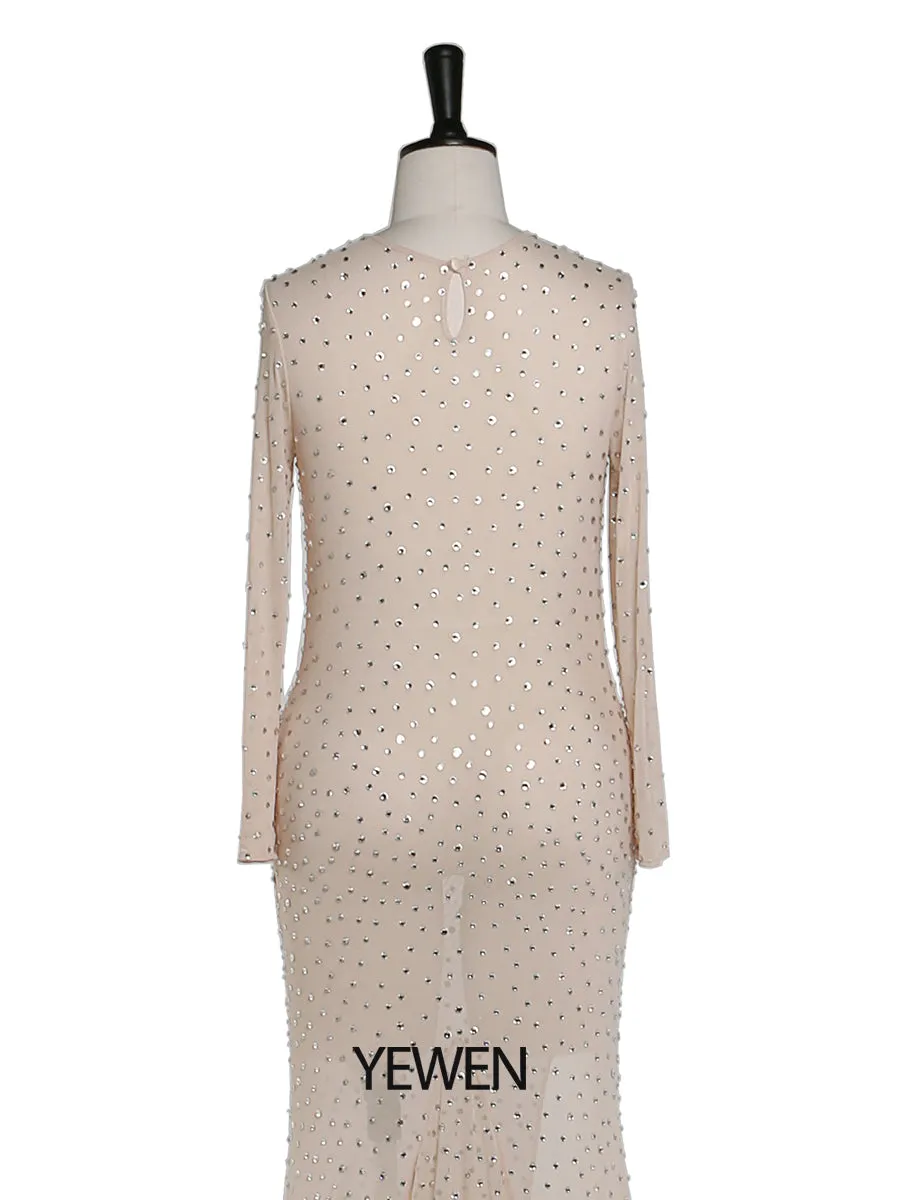 Elegant Round Neck Crystals Maternity Dress Sexy See Through Spandex Mesh Maxi Dress Photo Shoot Gown