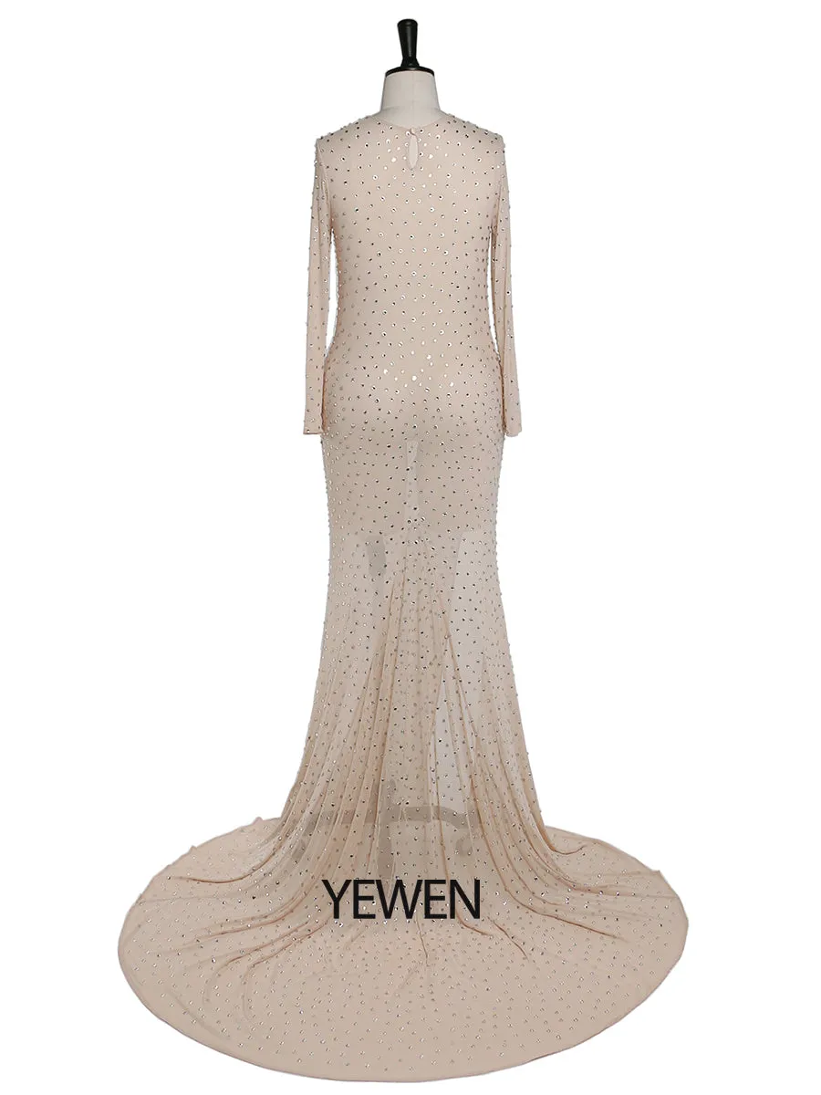 Elegant Round Neck Crystals Maternity Dress Sexy See Through Spandex Mesh Maxi Dress Photo Shoot Gown