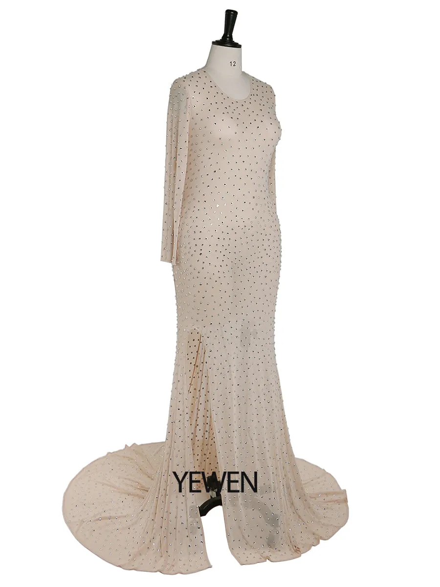 Elegant Round Neck Crystals Maternity Dress Sexy See Through Spandex Mesh Maxi Dress Photo Shoot Gown