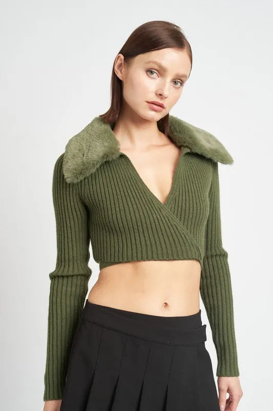 Emory Park V NECK CARDIGAN WITH FUR COLLAR