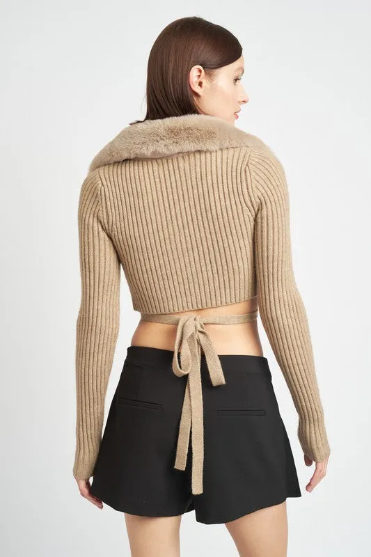 Emory Park V NECK CARDIGAN WITH FUR COLLAR