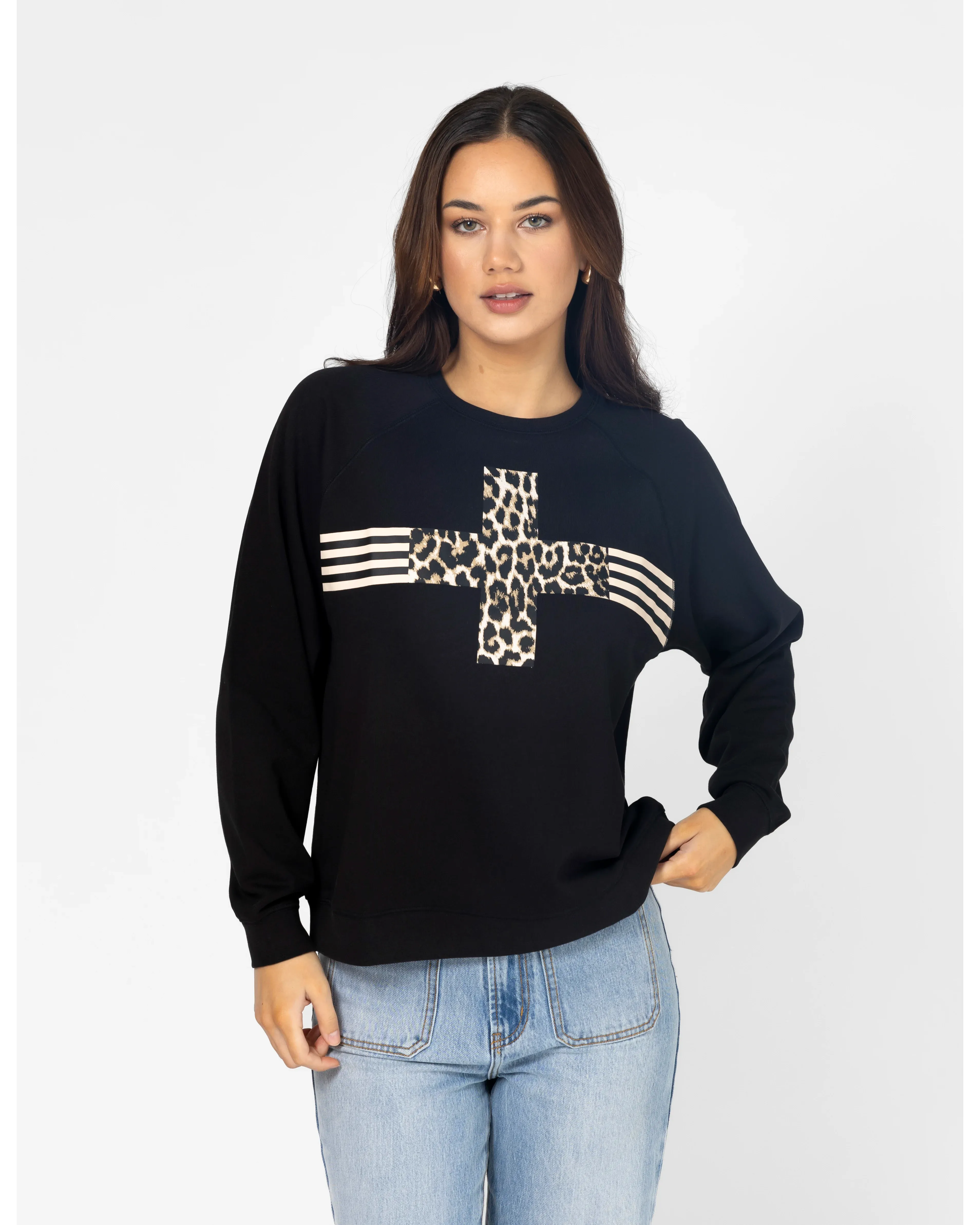 Everyday Sweater Leopard Cross With Stripes - Black