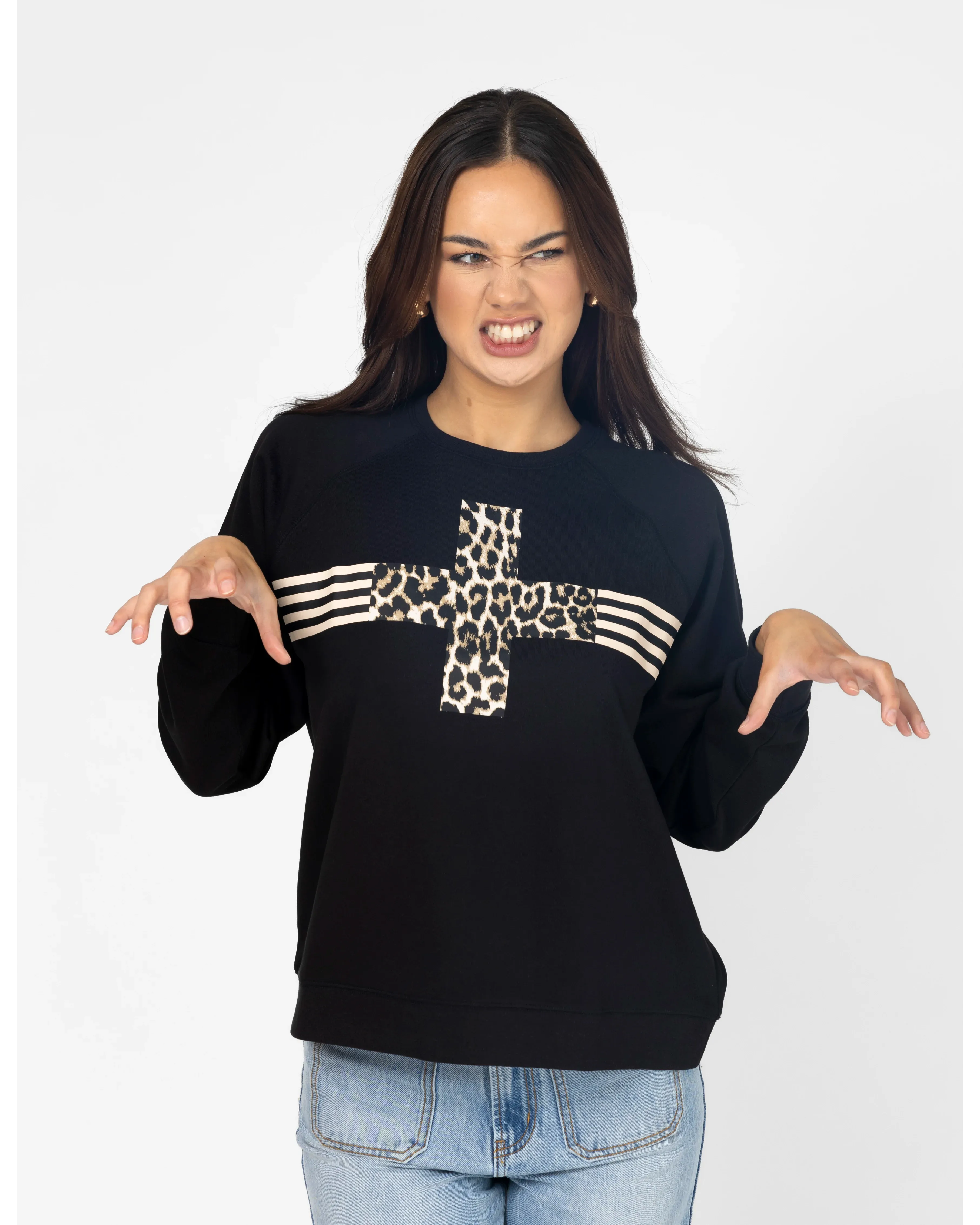 Everyday Sweater Leopard Cross With Stripes - Black