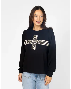 Everyday Sweater Leopard Cross With Stripes - Black