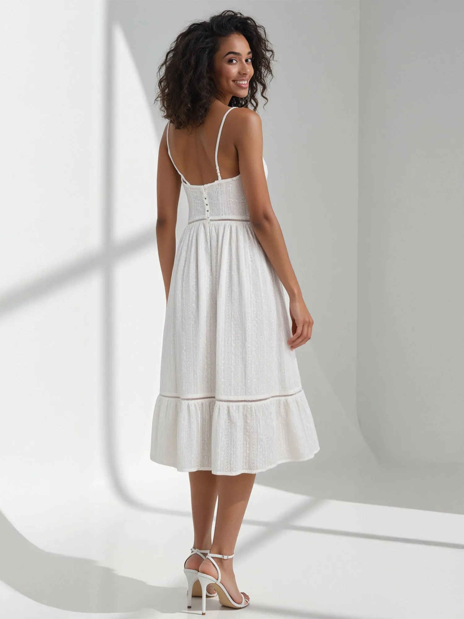 Eyelet Detail Button Front Midi Sun Dress