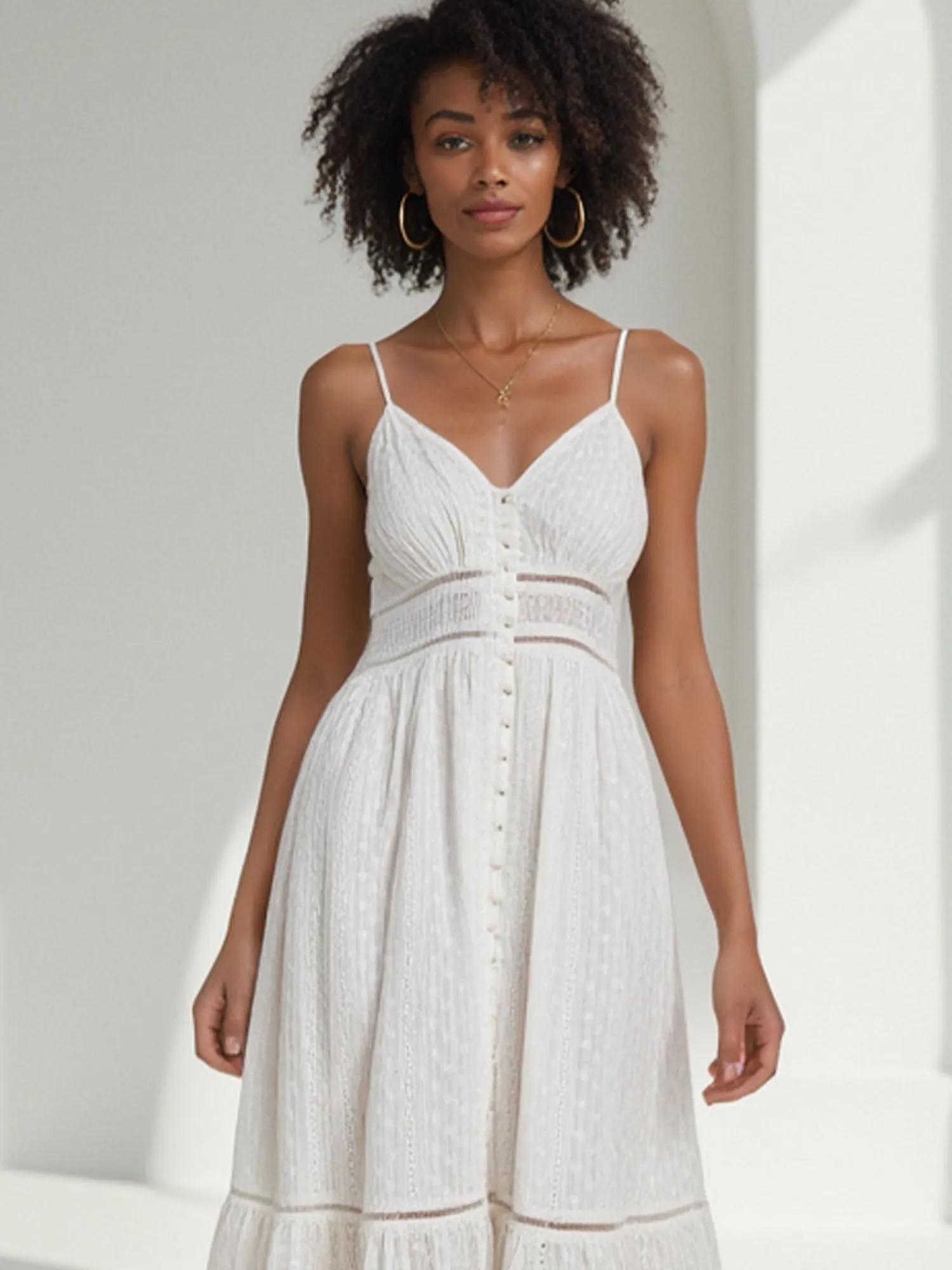Eyelet Detail Button Front Midi Sun Dress
