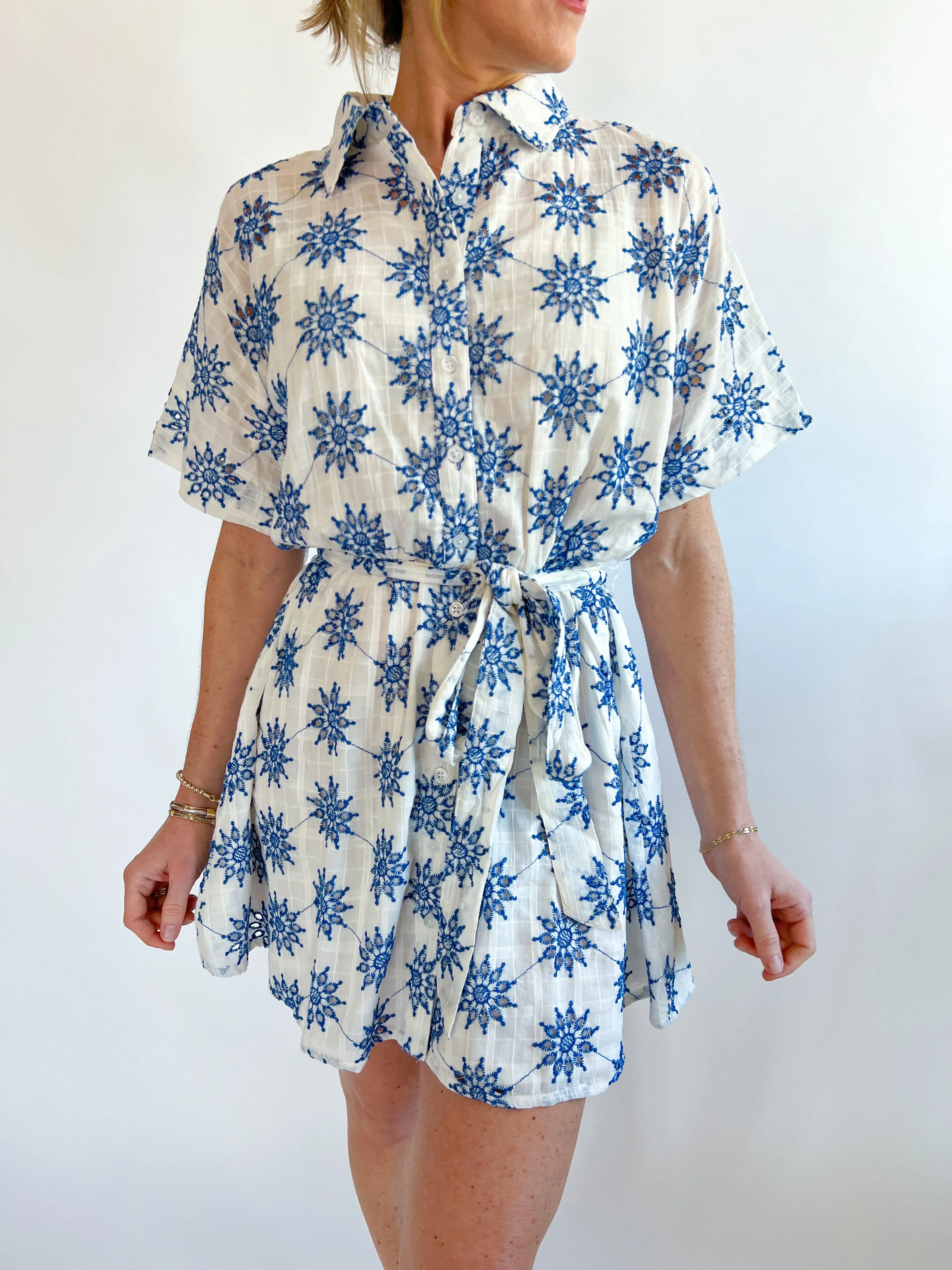 Eyelet Embroidered Button Down Mini Shirt Dress
