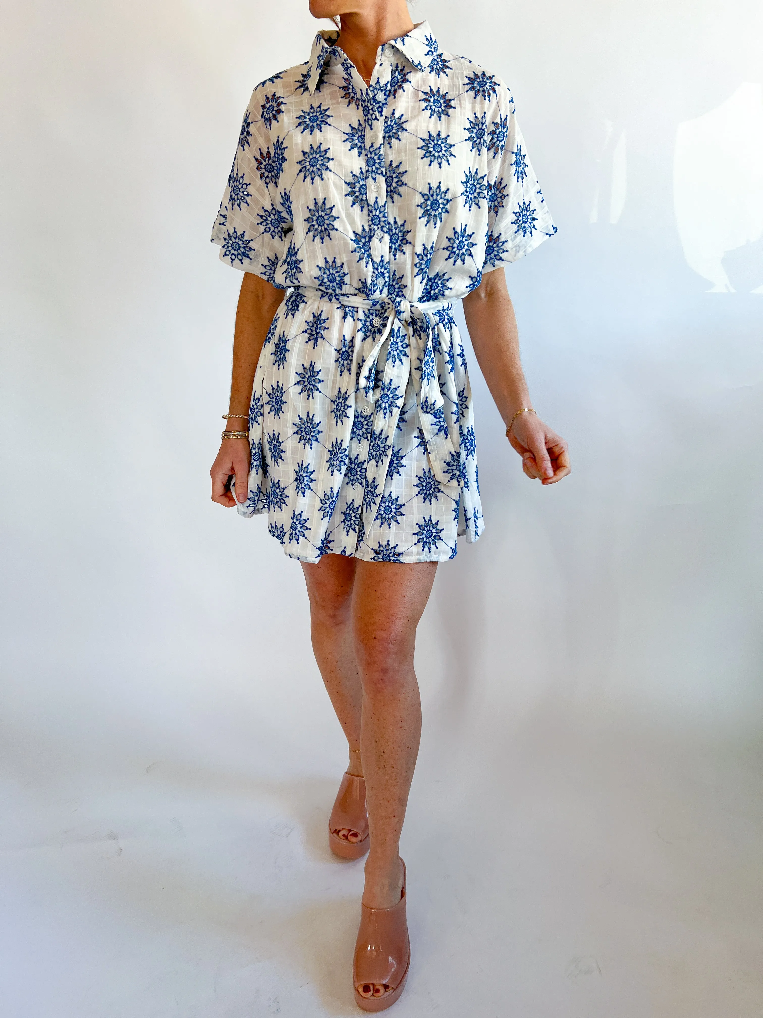 Eyelet Embroidered Button Down Mini Shirt Dress