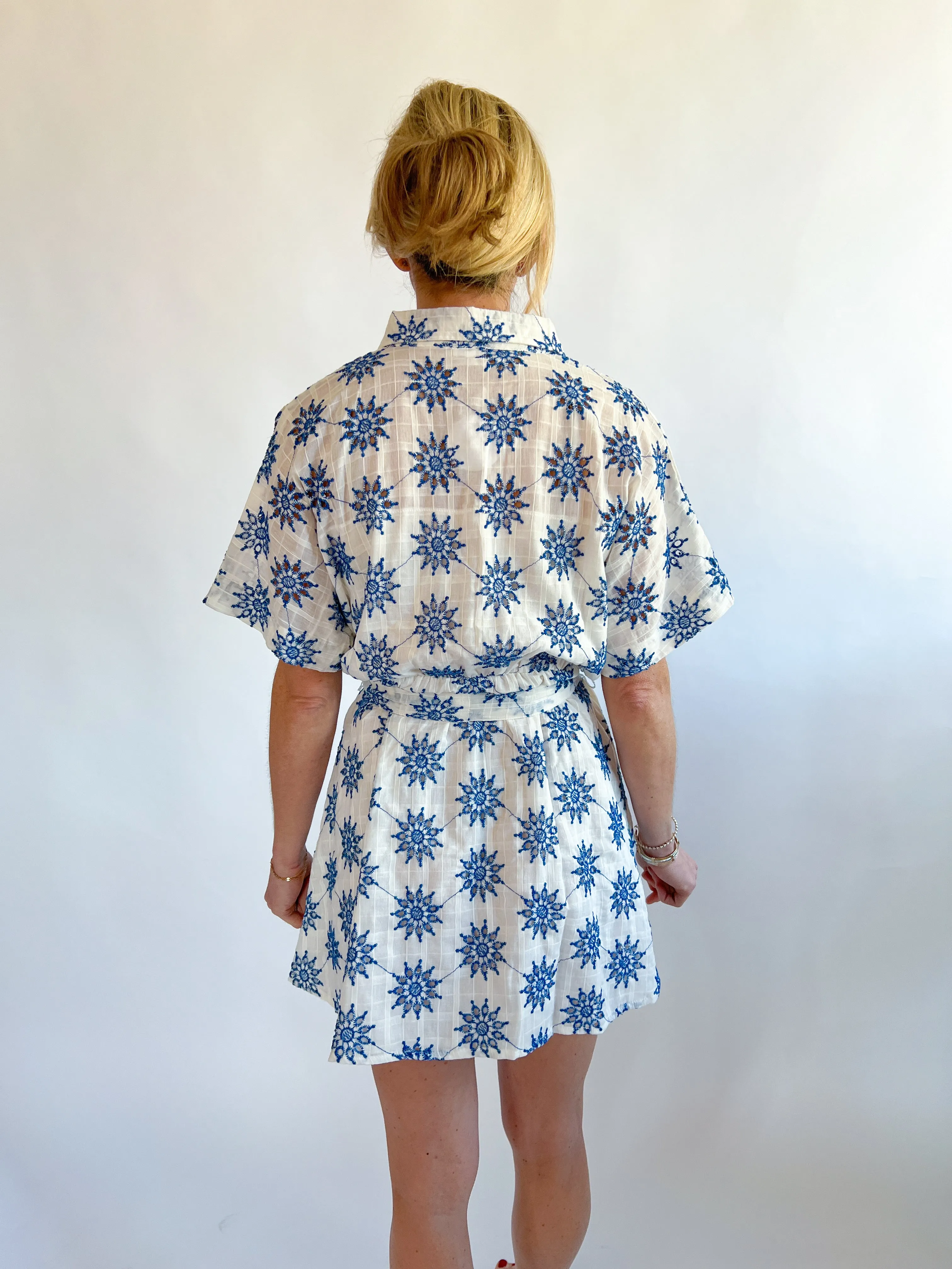 Eyelet Embroidered Button Down Mini Shirt Dress