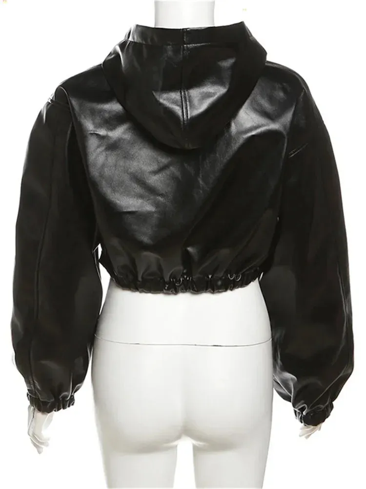 Fall Zipper Jackets For Women Loose Faux Pu Leather Crop Tops Jackets Coats Varsity Bomber Long Sleeve Hoodie Black Jackets