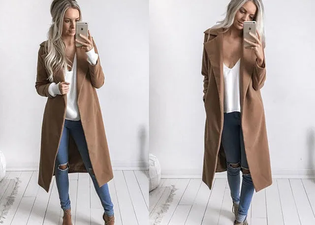 Fashion Women Winter Warm Wool Lapel Trench Coat Slim Outwear Overcoat