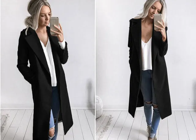 Fashion Women Winter Warm Wool Lapel Trench Coat Slim Outwear Overcoat