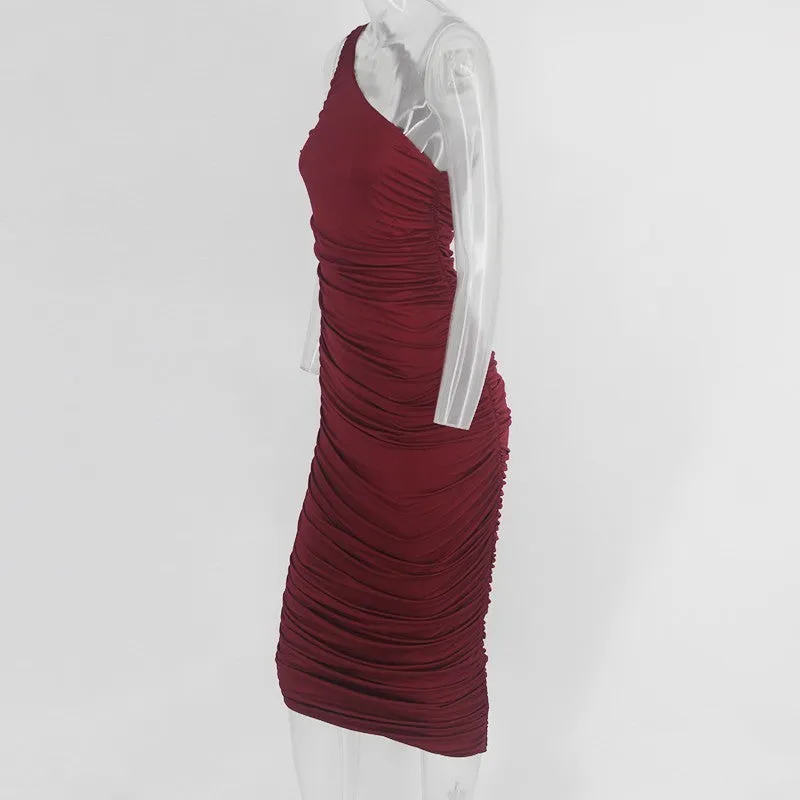 Fashion Women's One-shoulder Pleated Skinny Solid Color Dress