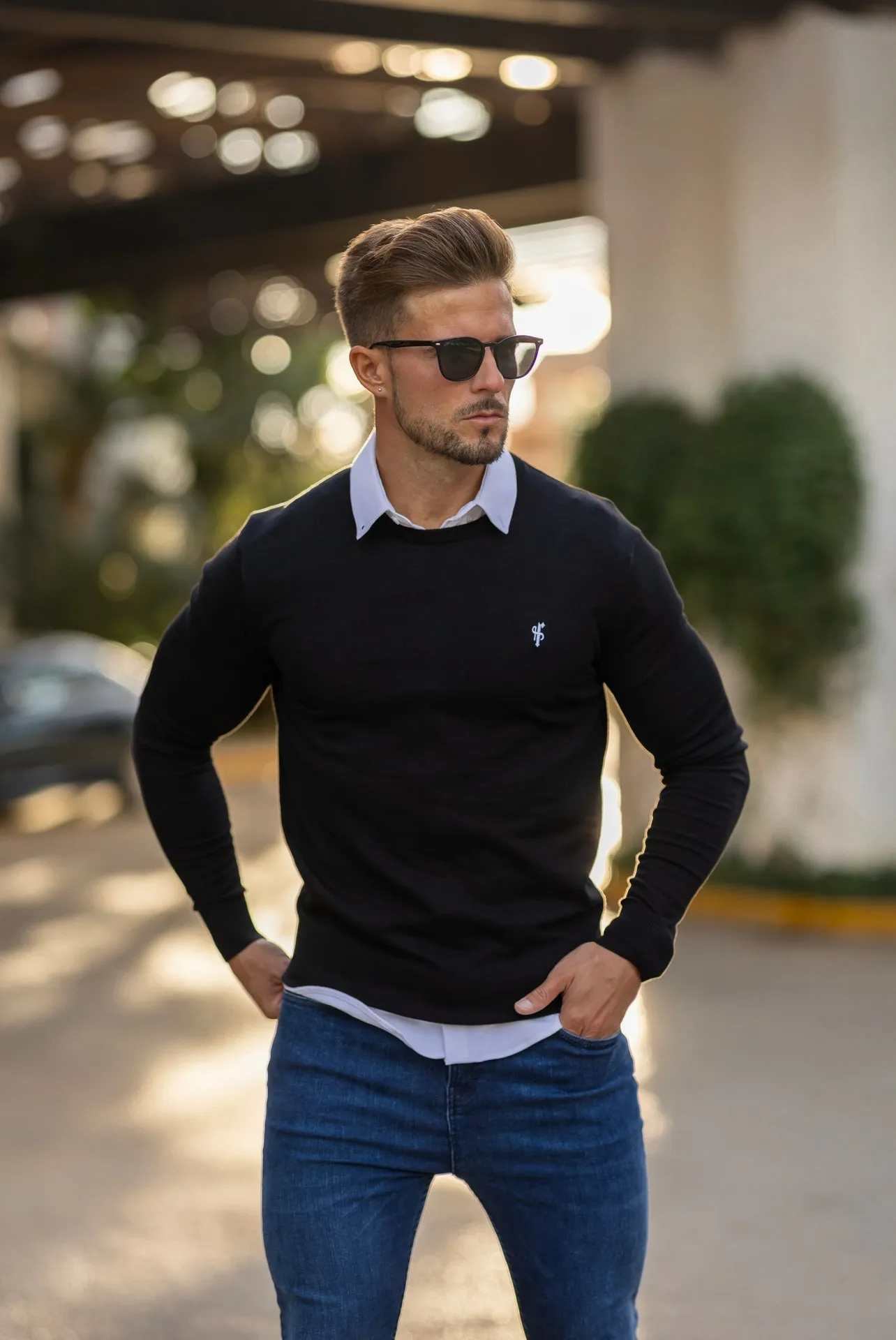 Father Sons Classic Black Crew Neck Knitted Jumper with White Embroidery - FSN087