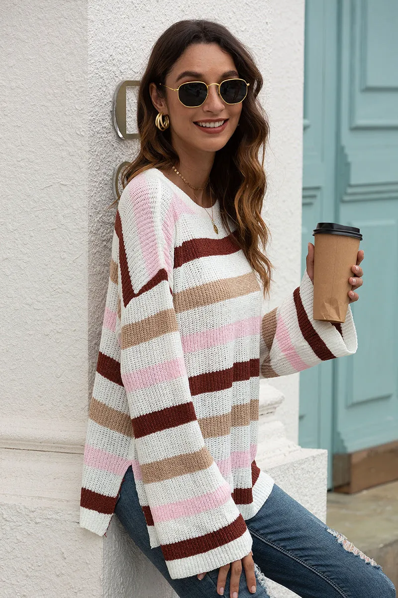Flared Sleeve Contrast Striped Knitted Sweater